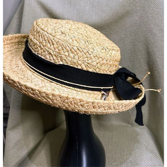 Vintage Scala Collection Woven Straw Hat Black Ribbon Trim Bow Feather Boho - Picture 5 of 10